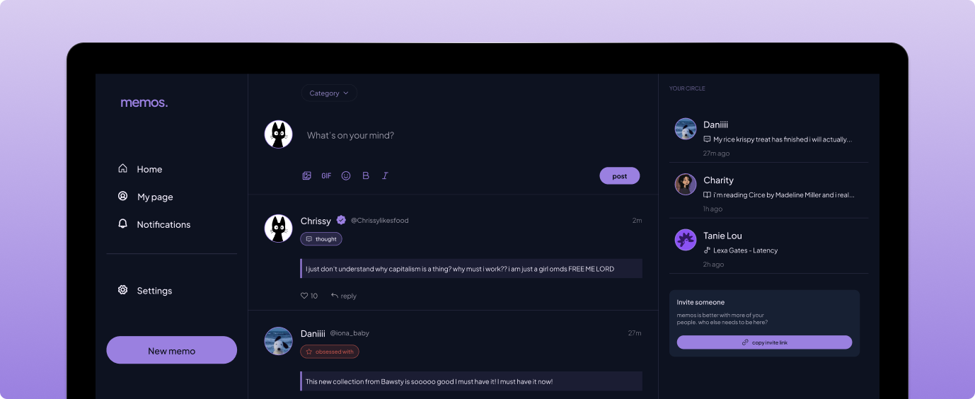 memos app preview — home feed showing posts from friends